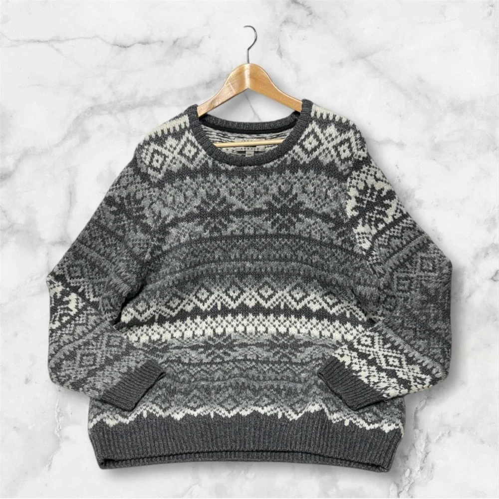 Joseph Abboud Charcoal gray Cream fair isle Knit Sweater XXL unisex wool blend